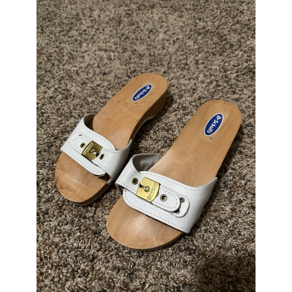 Dr Scholl’s Original White Leather Wooden Clog Sandals Gold Buckle Sz 7 Est